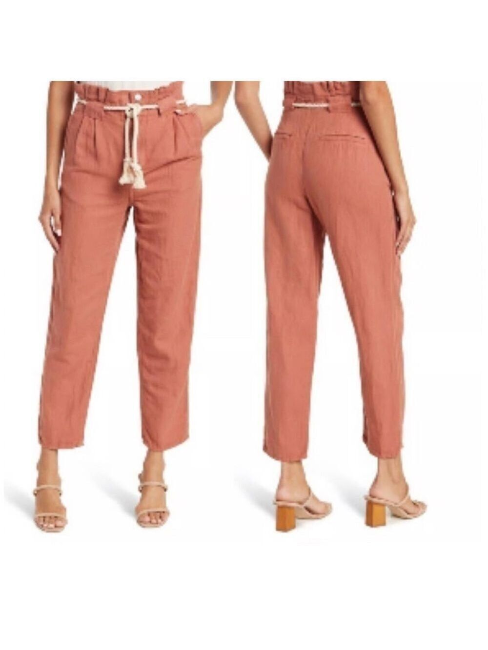 Veronica Beard Karter Paperbag Linen Blend Crop Pants in Mocha Size 8